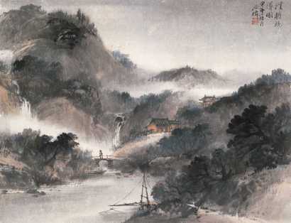 吴石僊 1894年作 溪桥观瀑图 立轴